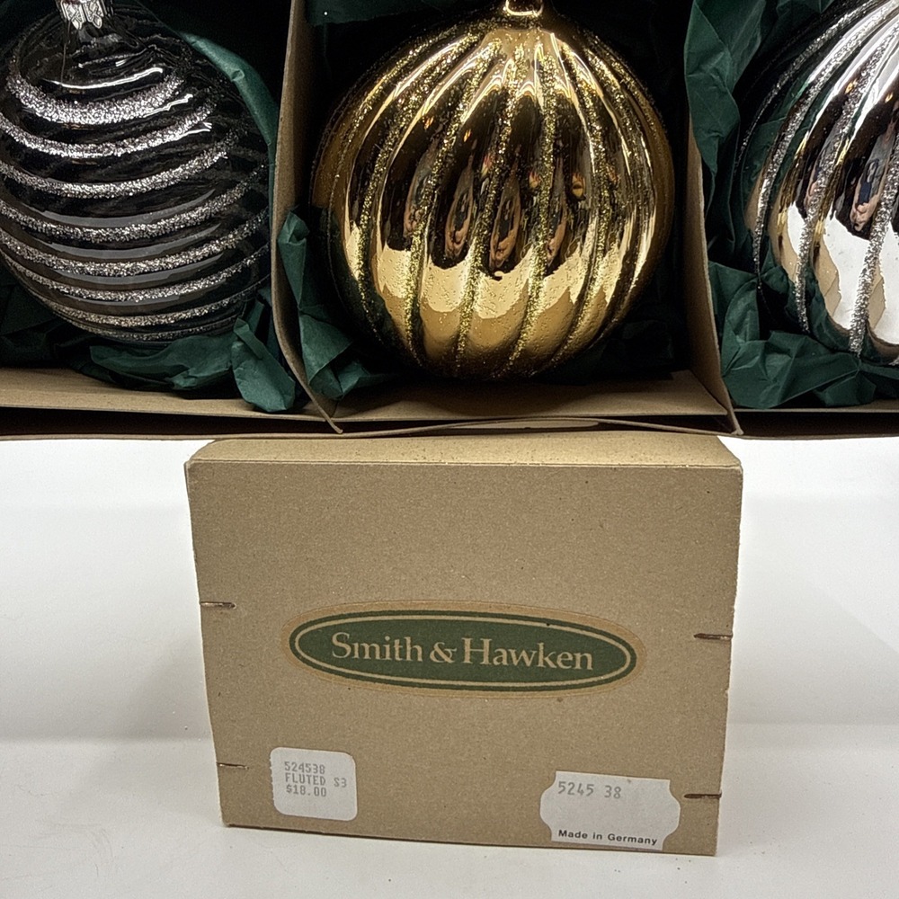 Vintage Smith & Hawken Fluted Ball Christmas Ornaments Set of 3 Made‎ in Germany